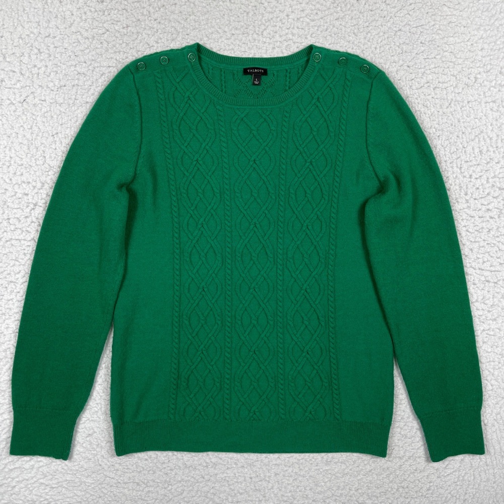 Talbots Sweater Womens L Green Lambswool Cable Knit Button Shoulder Preppy